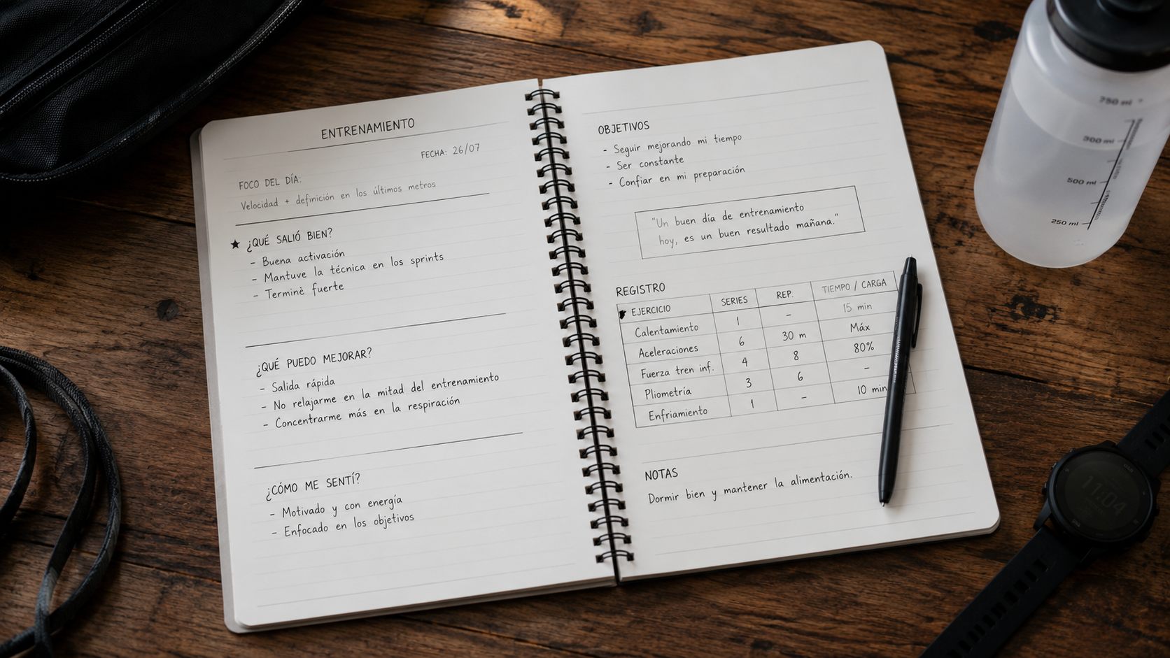 Cuaderno de entrenamiento con registro de objetivos y autoevaluación