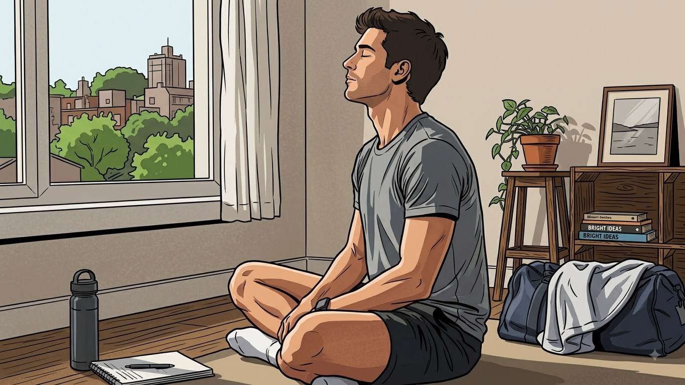 Deportista sentado con los ojos cerrados, respirando con calma en un espacio tranquilo antes de competir