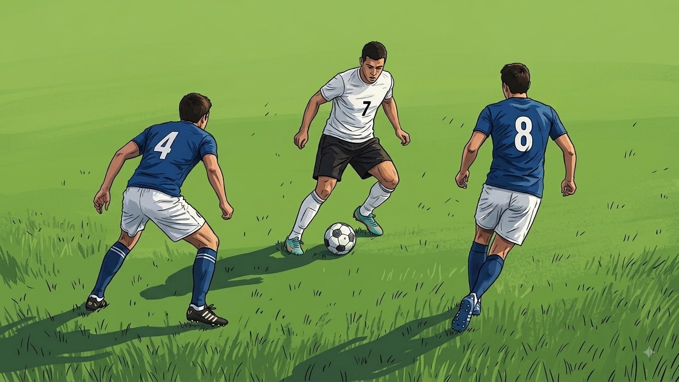 Jugadores de fútbol en plena acción durante un partido, concentrados en la jugada