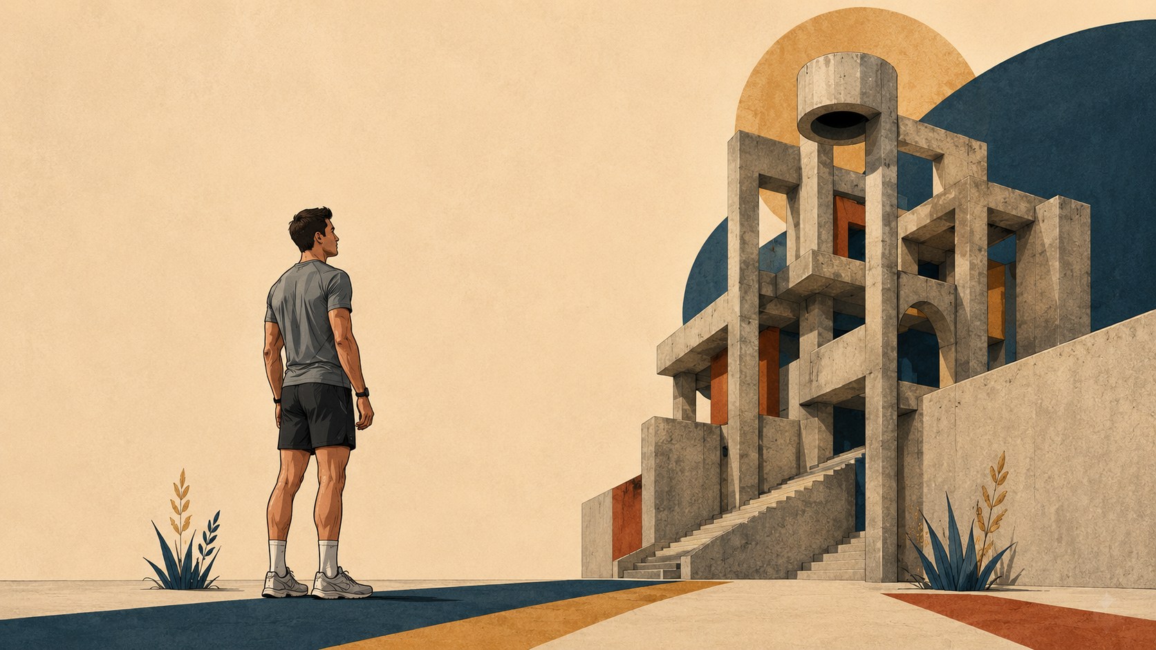 Ilustración de un deportista observando una estructura arquitectónica, representando la arquitectura mental y emocional del rendimiento